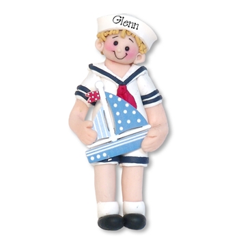 Boy with Sailboat - Handmade Polymer Clay - Blonde Hair