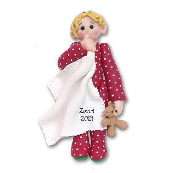 BLONDE  Little Boy Toddler w/Blanket and Red Pajamas - Personalized Ornament  in Custom Gift Box