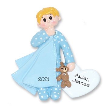 Blonde Little Boy Toddler w/Blanket and Blue Pajamas -  Personalized Ornament  - RESIN