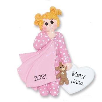 Blonde Little Girl Toddler w/Blanket and Pink Pajamas -  Personalized Ornament  - RESIN