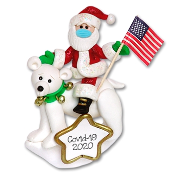 Covid-19 Patriotic Santa with Face Mask on Polar Bear Personalized Ornament  - ON SALE!