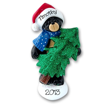 RESIN<br>Black Bear w/Tree<br>Personalized Christmas Ornament