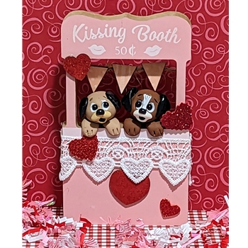 Two Puppies in Kissing Booth / Handmade Polymer Clay Valentine Decor