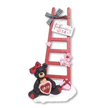 Black Bear Girl with Wooden Ladder Handmade Polymer Clay Figurine