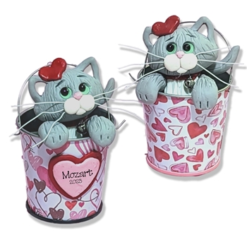 Gray Kitty Cat in Valentine Bucket Handmade Figurine