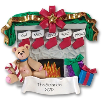 Fireplace w/Bear & 5 Stockings Personalized Family Ornament