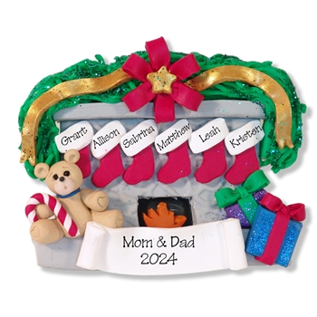 Fireplace w/Bear & 6 Stockings Personalized Family Ornament