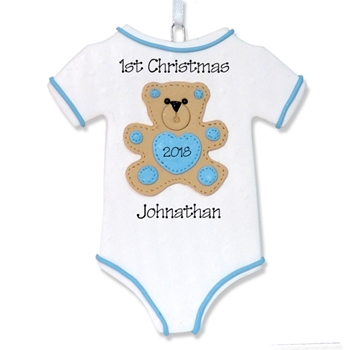 Onesie w/Teddy Bear for Boy Baby's 1st Christmas Ornament  - Limited Edition