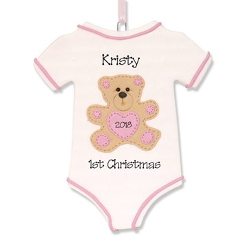 Onesie w/Teddy Bear for Girl Baby's 1st Christmas Ornament  - Limited Edition