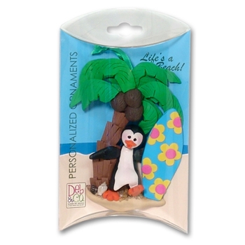 Petey Penguin with Surfboard Personalized Ornament - in Custom Gift Box