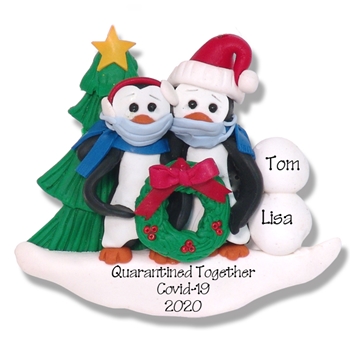 Petey Penguin Family / Couple with Face Masks Covid-19 Pandemic Personalized Ornament