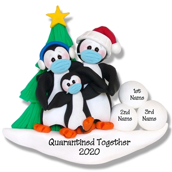 Petey Penguin Family of 3 with Face Masks Covid-19 Pandemic Personalized Ornament