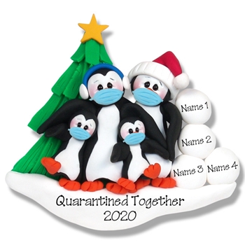 Petey Penguin Family of 4 with Face Masks Covid-19 Pandemic Personalized Ornament