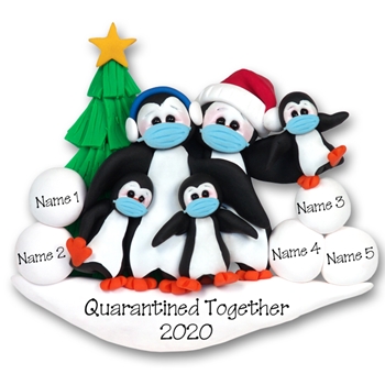 Petey Penguin Family of 5 with Face Masks Covid-19 Pandemic Personalized Ornament