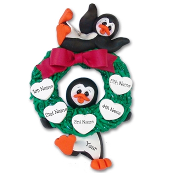 Penguin Couple w/Wreath and 5 Hearts Personalized Ornament Limited Edition