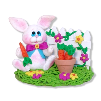 Bunny Rabbit with Picket Fence & Pot Figurine - Easter Decor