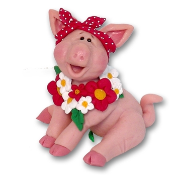 Handmade Polymer Clay Pig with Bandana and Flowers Figurine