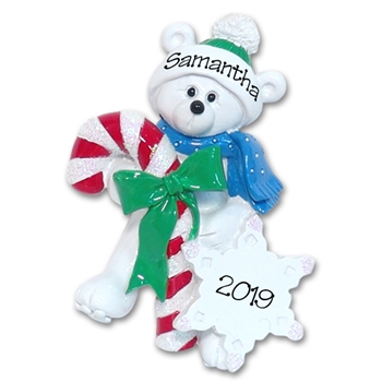 Polar Bear w/Candy Cane Personalized Christmas Ornament