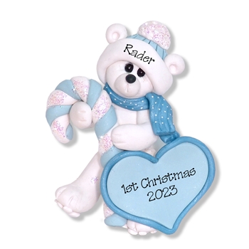 Polar Bear w/Candy Cane & Heart Personalized Baby Ornament