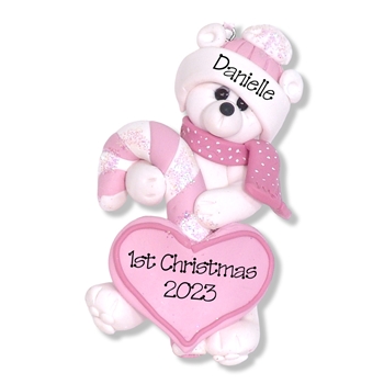 Polar Bear w/Candy Cane & Heart Personalized Baby Ornament