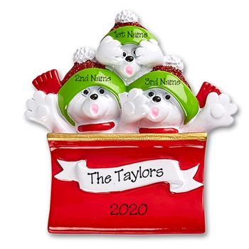 Polar Bear Family of 3 in Sleigh / Toboggan Personalized Ornament - RESIN