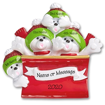 Polar Bear Family of 4 in Sleigh / Toboggan Personalized Ornament - RESIN