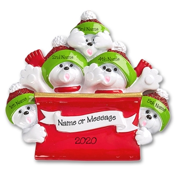 Polar Bear Family of 5 in Sleigh / Toboggan Personalized Ornament - RESIN