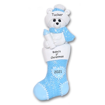 Polar Bear in Blue Stocking Personalized 1st Christmas Ornament for Baby Boy - RESIN