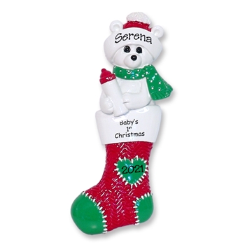Polar Bear in Red Stocking Personalized 1st Christmas Ornament for Baby Girl or Boy - RESIN
