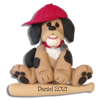 Puppy with Baseball & Bat - Handmade Polymer Clay Ornament - Limited Edition