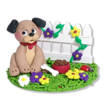 PUPPY DOG in Yard with Picket Fence Handmade Figurine