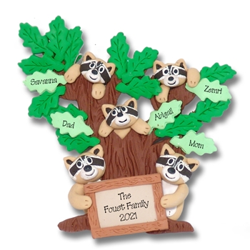 Rocky Raccoon Family of 5 in Tree Personalized Ornament  - Limited Edition