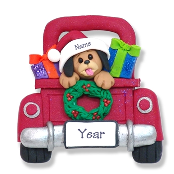 Puppy Dog in Red Pickup Truck Personalized Ornament - Limited Edition