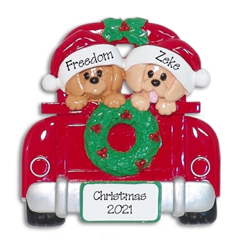 Two Puppy Dogs in Red Pickup Truck Personalized Ornament - RESIN