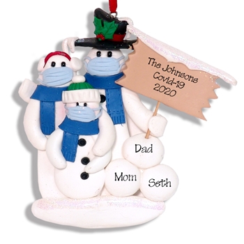 Covid-19 Corona Virus Snowman Family of 3 w/Face Masks Pandemic Ornament