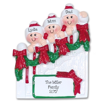 Family of 3 on Staircase Personalized Family Ornament