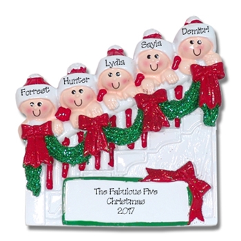 Family of 5 on Staircase Personalized Family Ornament