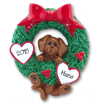Dachshund<br>Hanging in Wreath<br>Personalized Dog Ornament