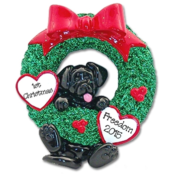 Black Lab<br>Hanging in Wreath<br>Personalized Dog Ornament