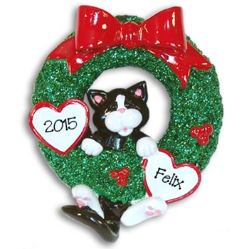 Black & White Tuxedo Kitty Hanging in Wreath Personalized Cat Ornament
