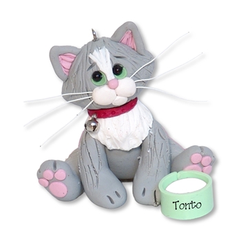 Gray & White KITTY CAT HANDMADE Polymer Clay Personalized Ornament