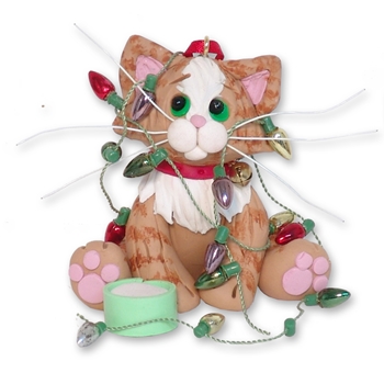 Orange Tabby KITTY CAT HANDMADE Polymer Clay Personalized Christmas Ornament -With Christmas Lights