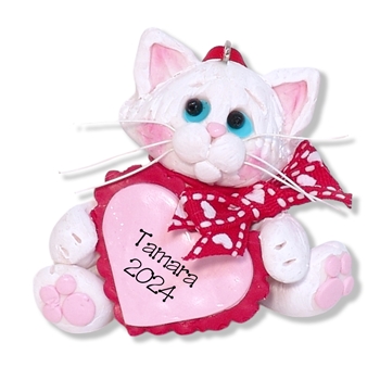 White KITTY CAT with Heart Valentine Handmade Valentine Ornament